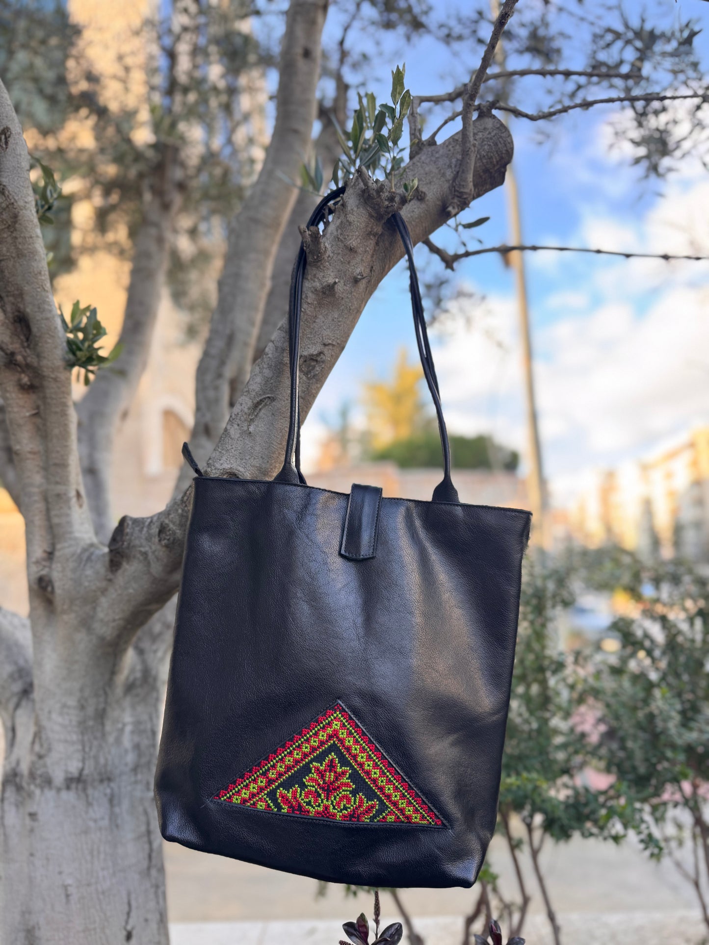 Leather Bag with Tatreez Embroidery