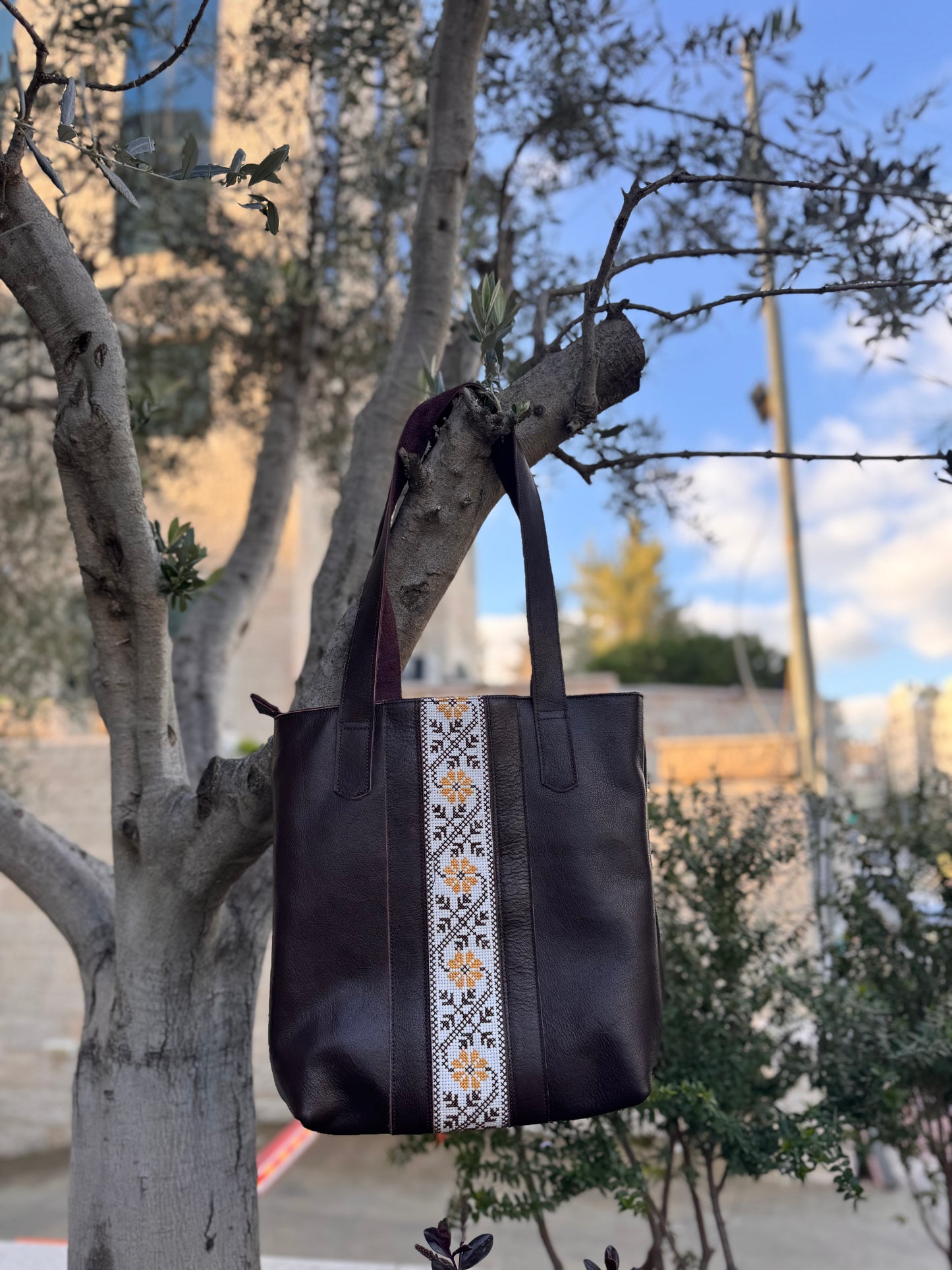 Leather Bag with Tatreez Embroidery
