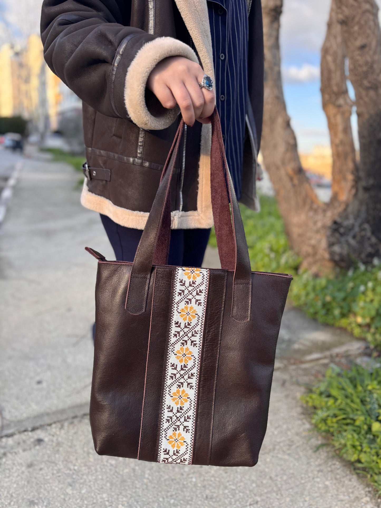 Leather Bag with Tatreez Embroidery