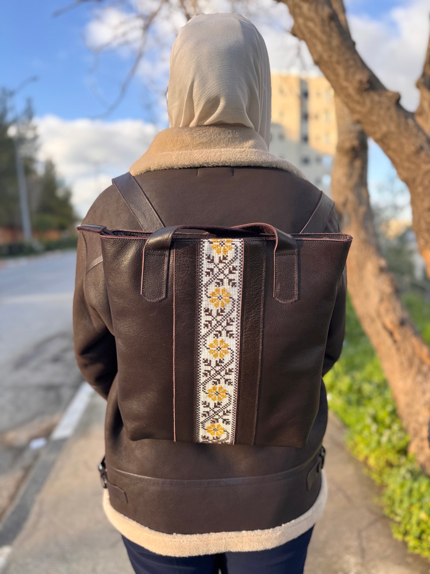 Leather Bag with Tatreez Embroidery
