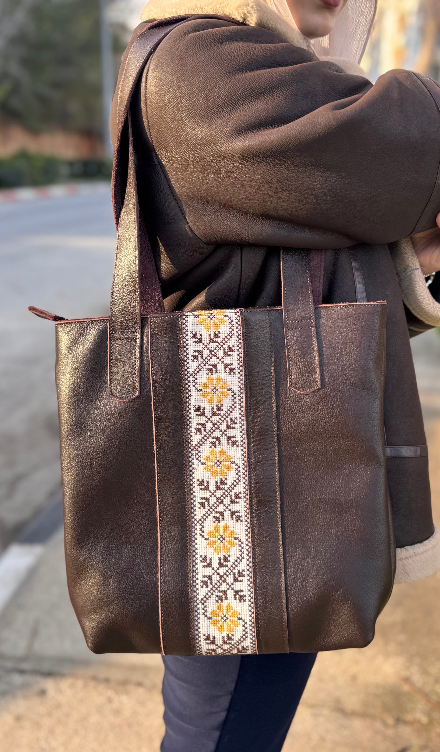 Leather Bag with Tatreez Embroidery