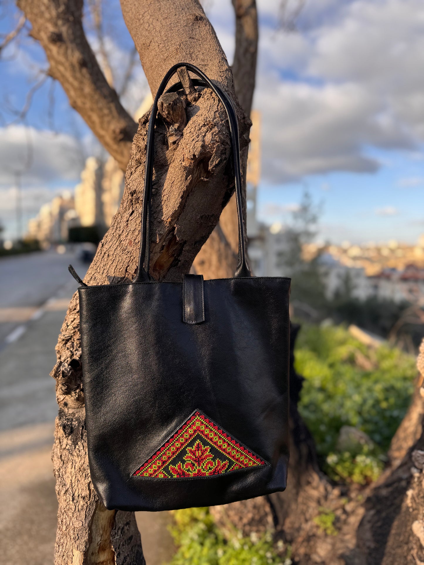 Leather Bag with Tatreez Embroidery