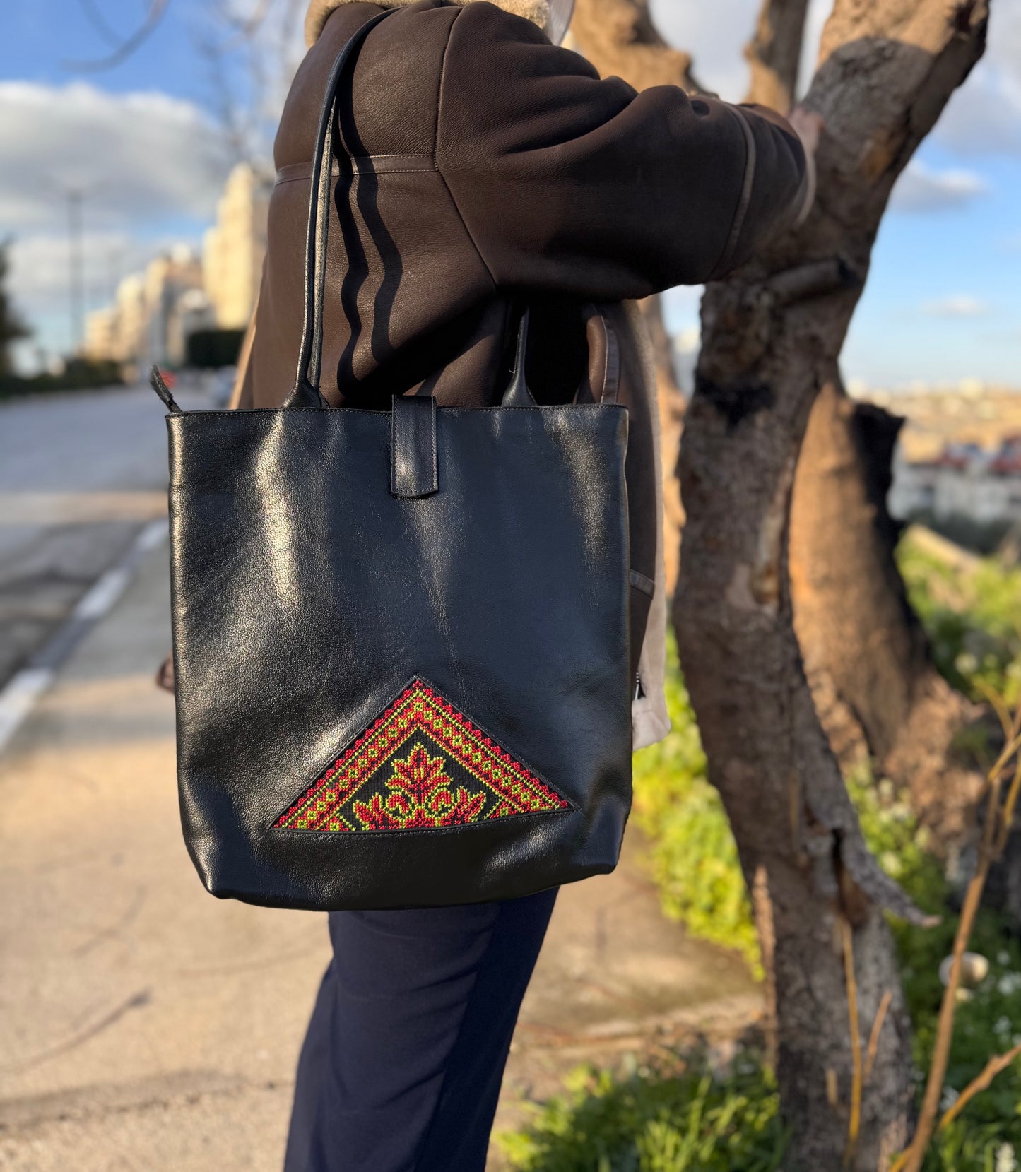 Leather Bag with Tatreez Embroidery