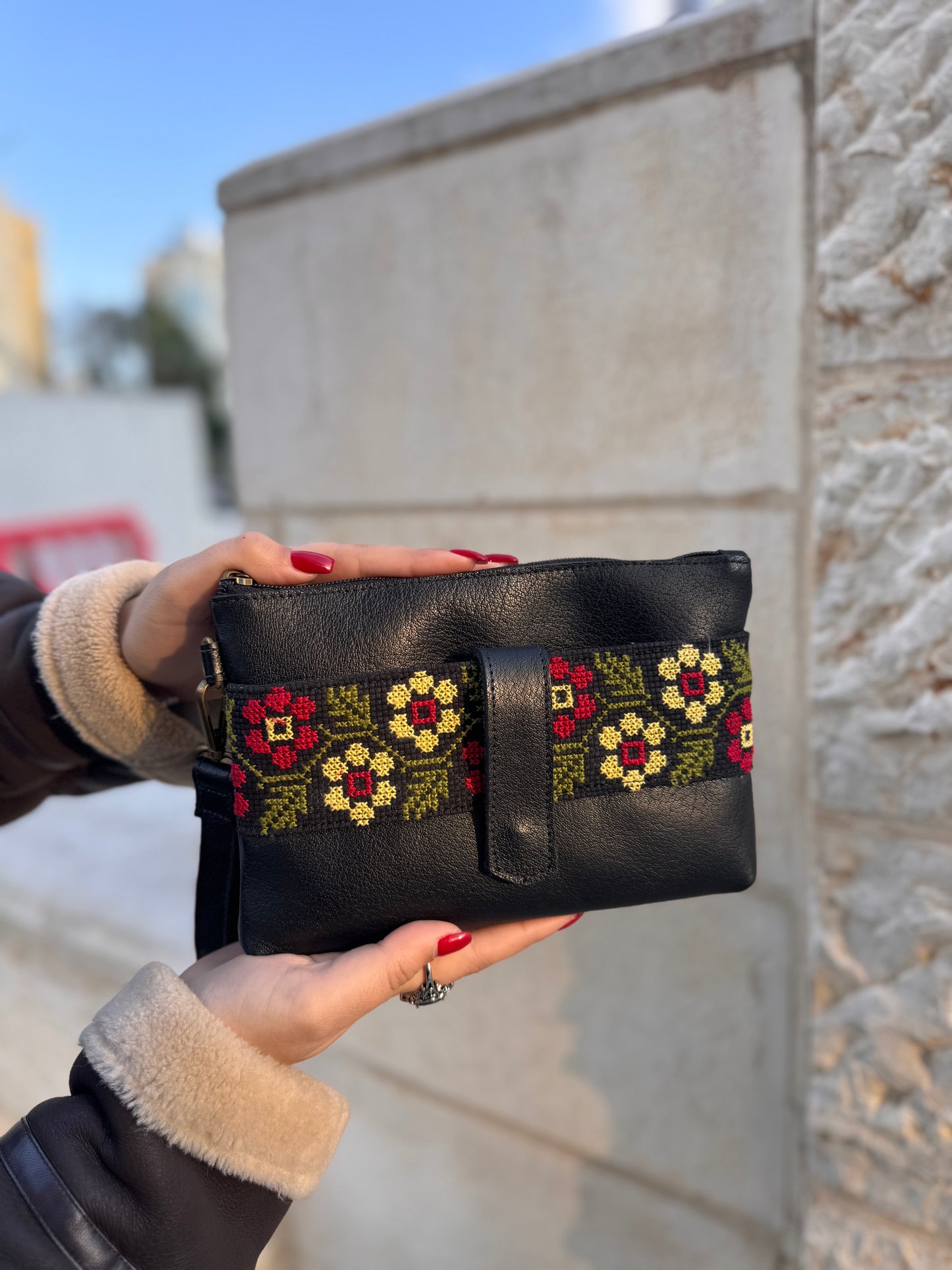 Leather Clutch with Tatreez Embroidery