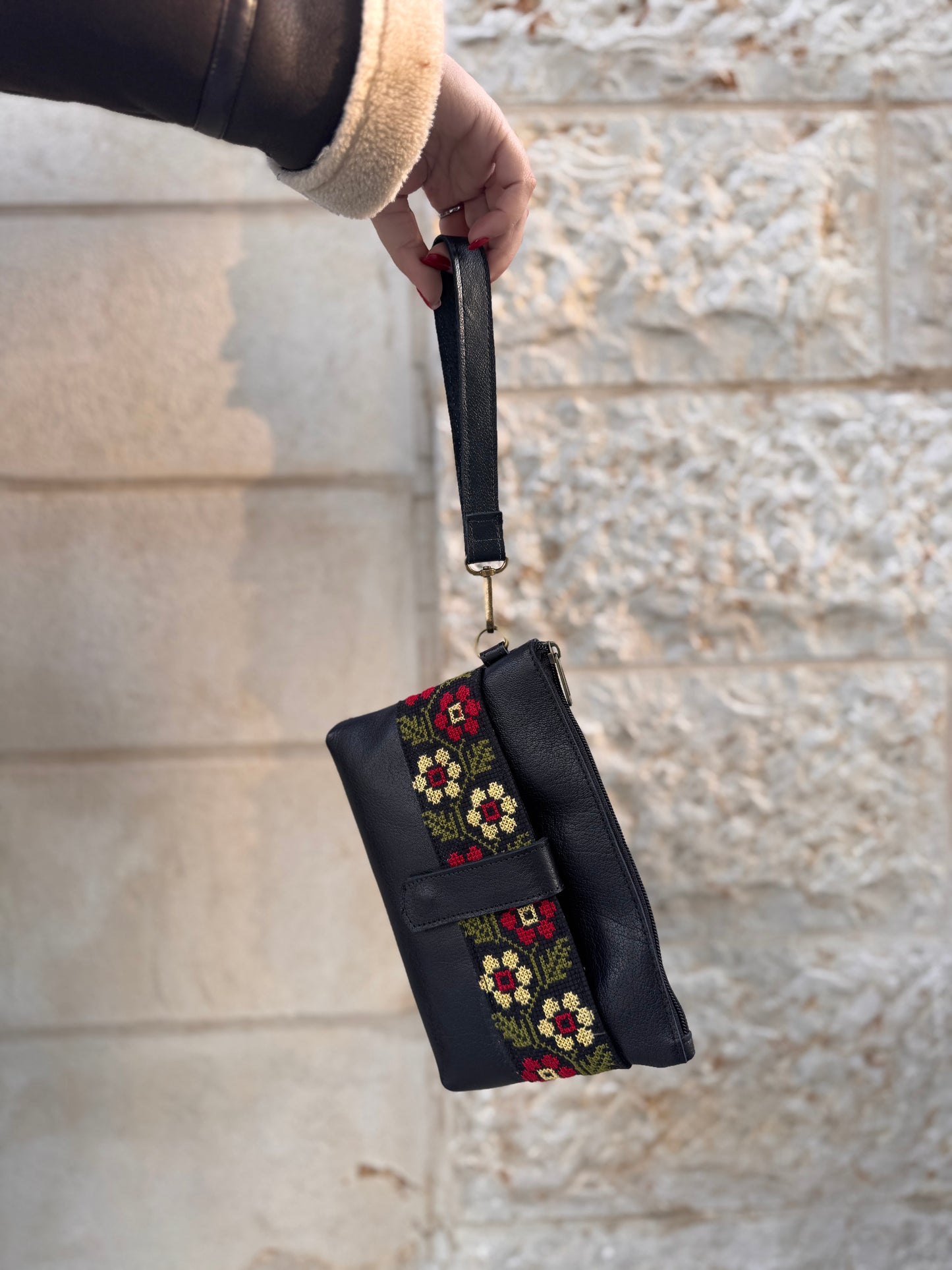 Leather Clutch with Tatreez Embroidery